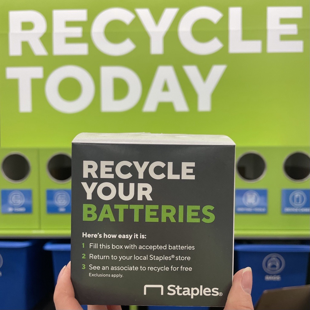 🪫♻️ We’re thinking outside the (batteries) box when it comes to recycling! Pick one up for free at your local Staples store today. #StaplesRecycles