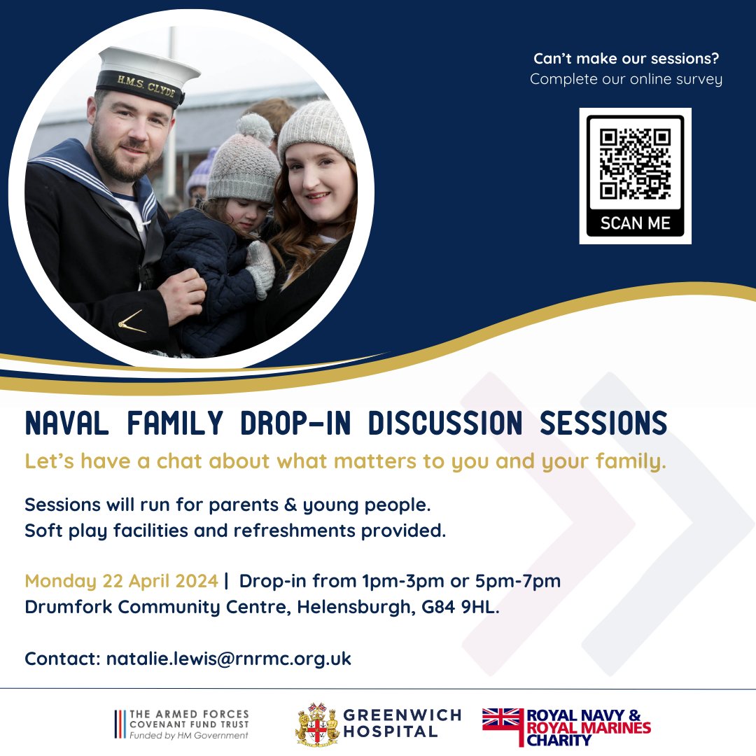 📣 Naval family drop-in discussion sessions 📅 Monday 22nd April 📍Drumfork Community Centre, Helensburgh Join us at Drumfork Community Centre to help us better understand what life is like in your community as a Naval Family and what services would make a difference to you