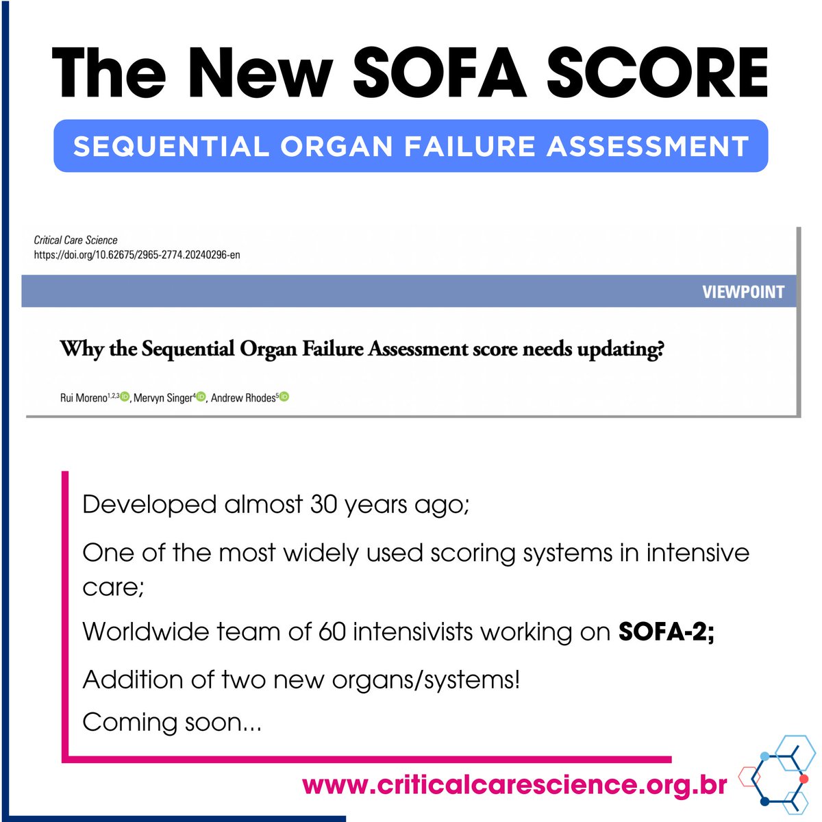 critcarescience's tweet photo. Why the SOFA score needs updating?
In this viewpoint published in Critical Care Science, Rui Moreno, Mervyn Singer, and Andrew Rhodes discuss the reasons to update the score.
🔗 Open access: https://t.co/BFw5GwmwsU
#SOFA2 #SOFA #CCS #AMIB #SPCI https://t.co/qQ0YV7AgS7