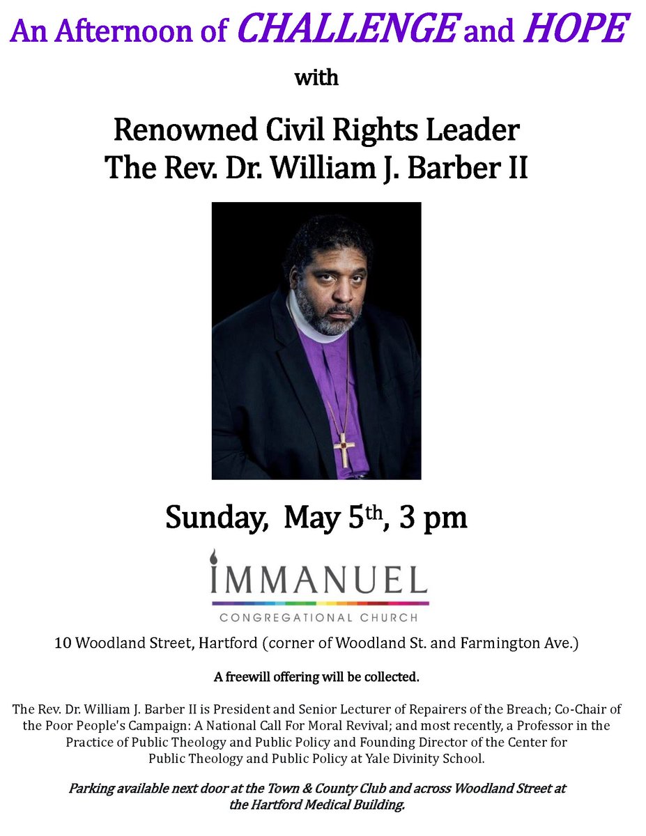 Save the Date! Civil rights leader, Bishop William Barber II will be speaking on 5/5 3pm at the UCC in Hartford.  This is a free event but please let them know you're coming so we can plan. RSVP here:  forms.gle/RfiCUjR88Xz6ph…