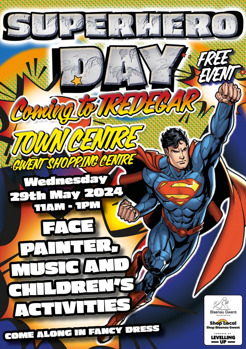 Exciting News! Superheroes are coming to Tredegar Town Centre on 29th May. Join us for a day filled with super fun activities. Don't miss out!  #SuperheroVisit #TownCentreTeam #Shoplocal #BGCBC