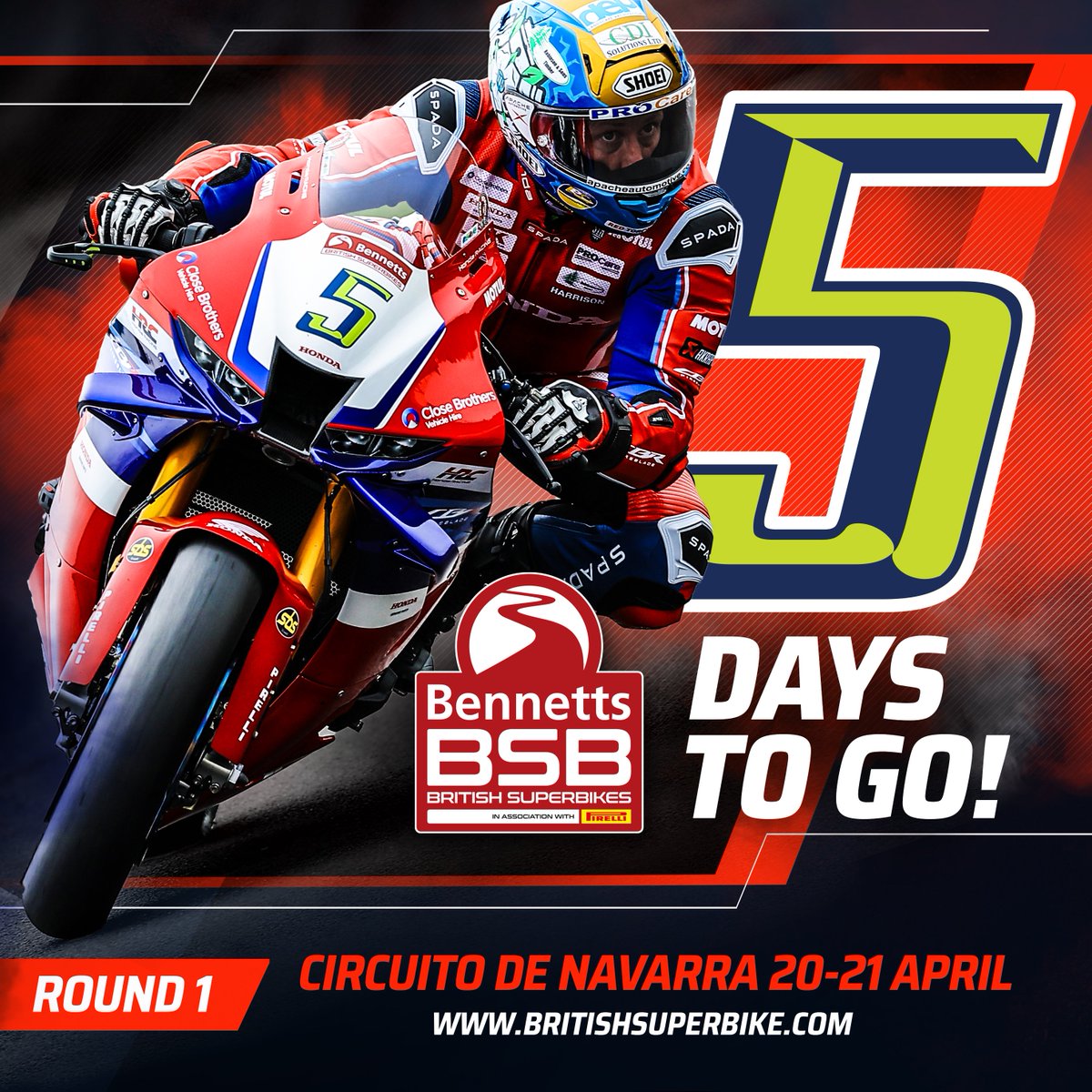 The final countdown to the @bennetts_bike BSB season opener! 5 days until the opening round @deanharrisonTT | @hondaracinguk Ticket information for our UK fans travelling to @CircuitoNavarra ➡️ bit.ly/3O6wt6E #NavarraBSB
