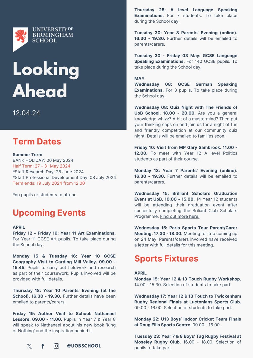 Parents/Carers: Please find our latest Looking Ahead bulletin of upcoming events. This has also been emailed to you and is available on our website: uobschool.org.uk/looking-ahead-…