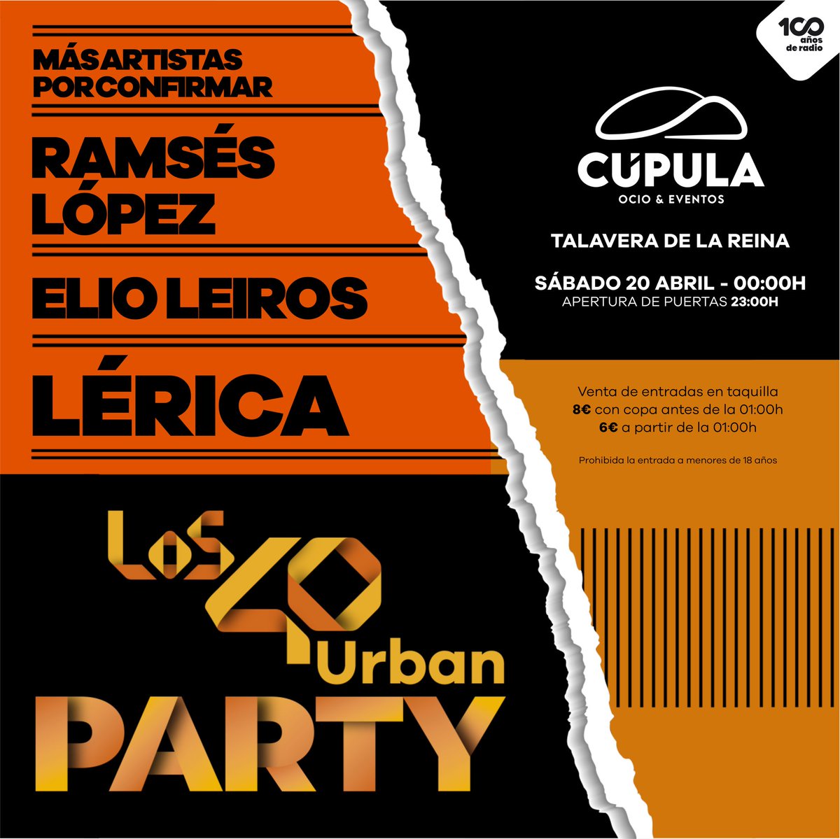 💥 @Los40Urban y La Cúpula te presentamos la 1a edición de #LOS40UrbanParty #LaCúpula ✅ @RamsesLopezFM ✅ @Elioleiros ✅ Un show especial de @LericaMusic 🤩 Más artistas por confirmar 🗓️ 20/04 📍 La Cúpula, Plaza la Caprichosa, Talavera de la Reina ¡No faltes!