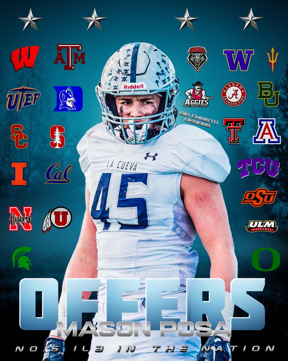 4 STAR Mason Posa⭐️ ⭐️⭐️⭐️ No. 5 ranked ILB in the Nation for 2025 class! With 20+ he is one of New Mexicos top recruits for the 2025 recruiting class! • Where will he call home?! • • DMs open for edit inquiries👀📲🔥