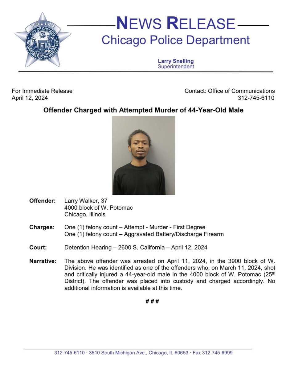 Offender Charged with Attempted Murder of 44-Year-Old Male @CPD25thDistrict @Area5Detectives #ChicagoPolice