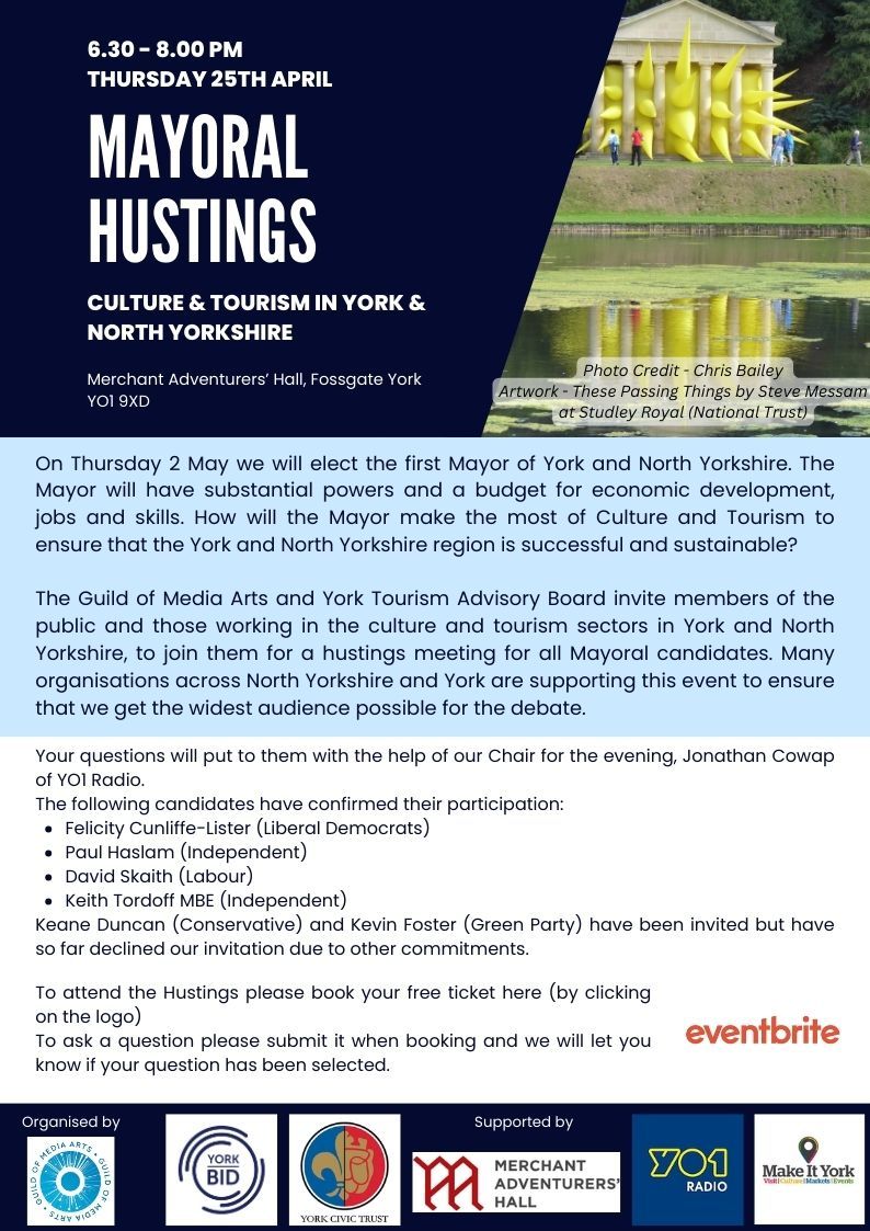 How will the new York and North Yorkshire Mayor address important issues within the Tourism and Culture sectors? Come along to the Hustings on Thursday 25th April, from 6:30-8:00pm in the Merchant Adventurers Hall! Book your free space here: buff.ly/4avdz2l