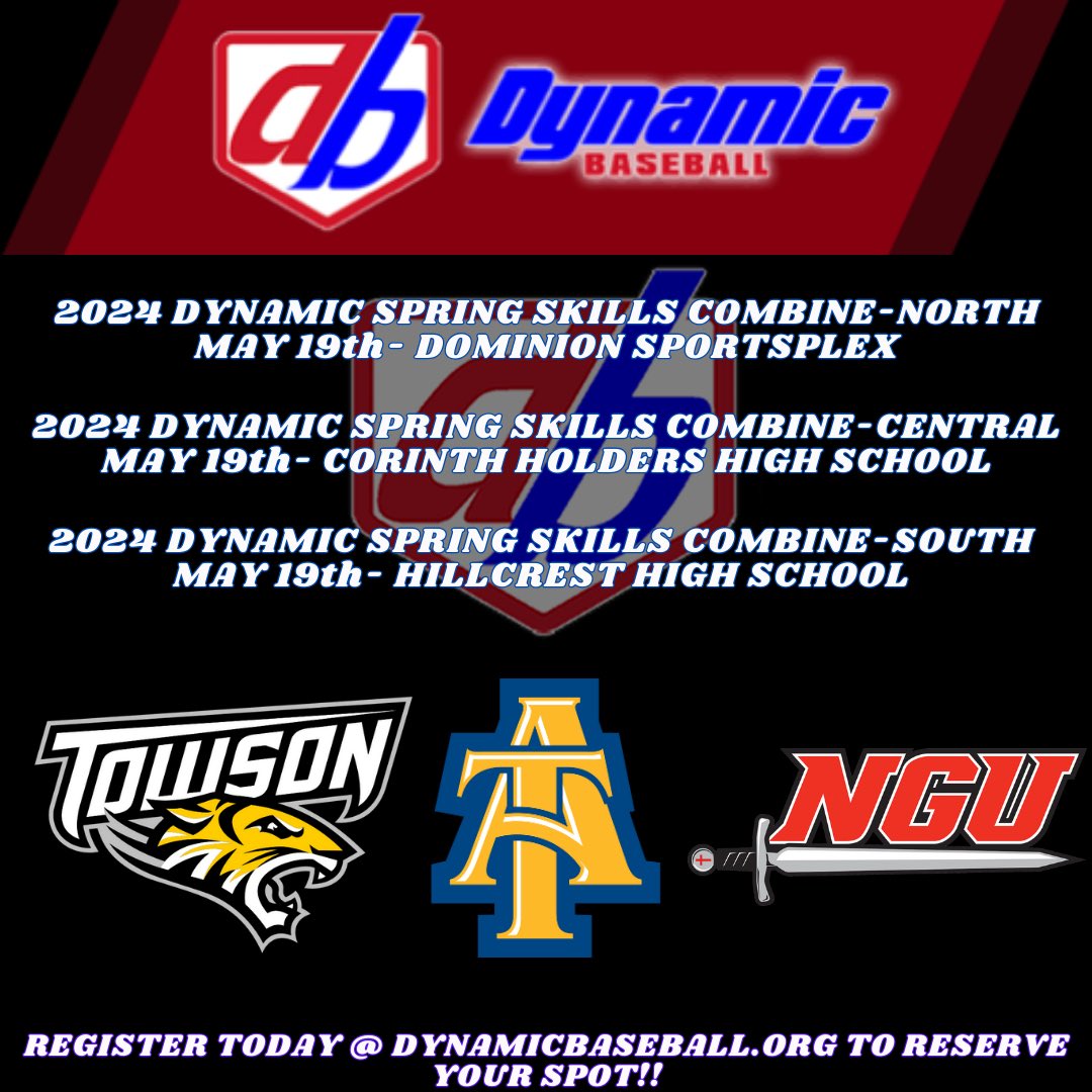 Towson, NC A&T and NGU have committed to attending the Dynamic Spring Skills Combine in May! Sign up at the link below to show off your skills in front of guaranteed college coaches! events.dynamicbaseball.org/?month=5&name=…