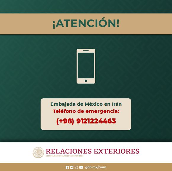 Si eres mexican@ y te encuentras en Irán🇮🇷, Afganistán🇦🇫, Kirguistán🇰🇬, Pakistán🇵🇰, Tayikistán🇹🇯 y Uzbekistán🇺🇿, en caso de emergencia o necesitar ayuda contáctanos.
#ProtecciónConsular #ProtecciónPreventiva #ConsuladoDeMéxico #EmbajadaDeMéxico 
@vcalva