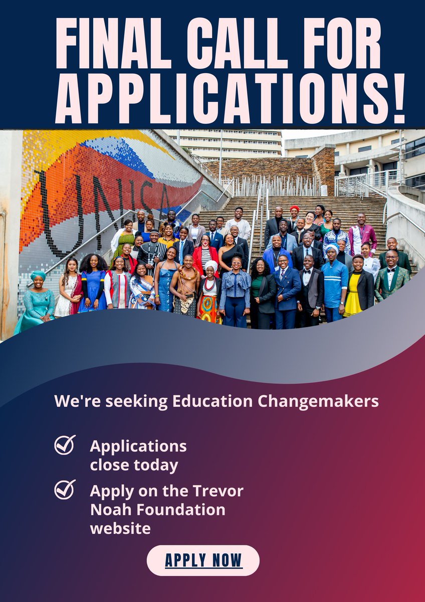 Today is your LAST CHANCE to apply! Don’t miss out on this opportunity. Submit your application now and be part of something amazing! Apply now: trevornoahfoundation.org/what-we-do/edu…
