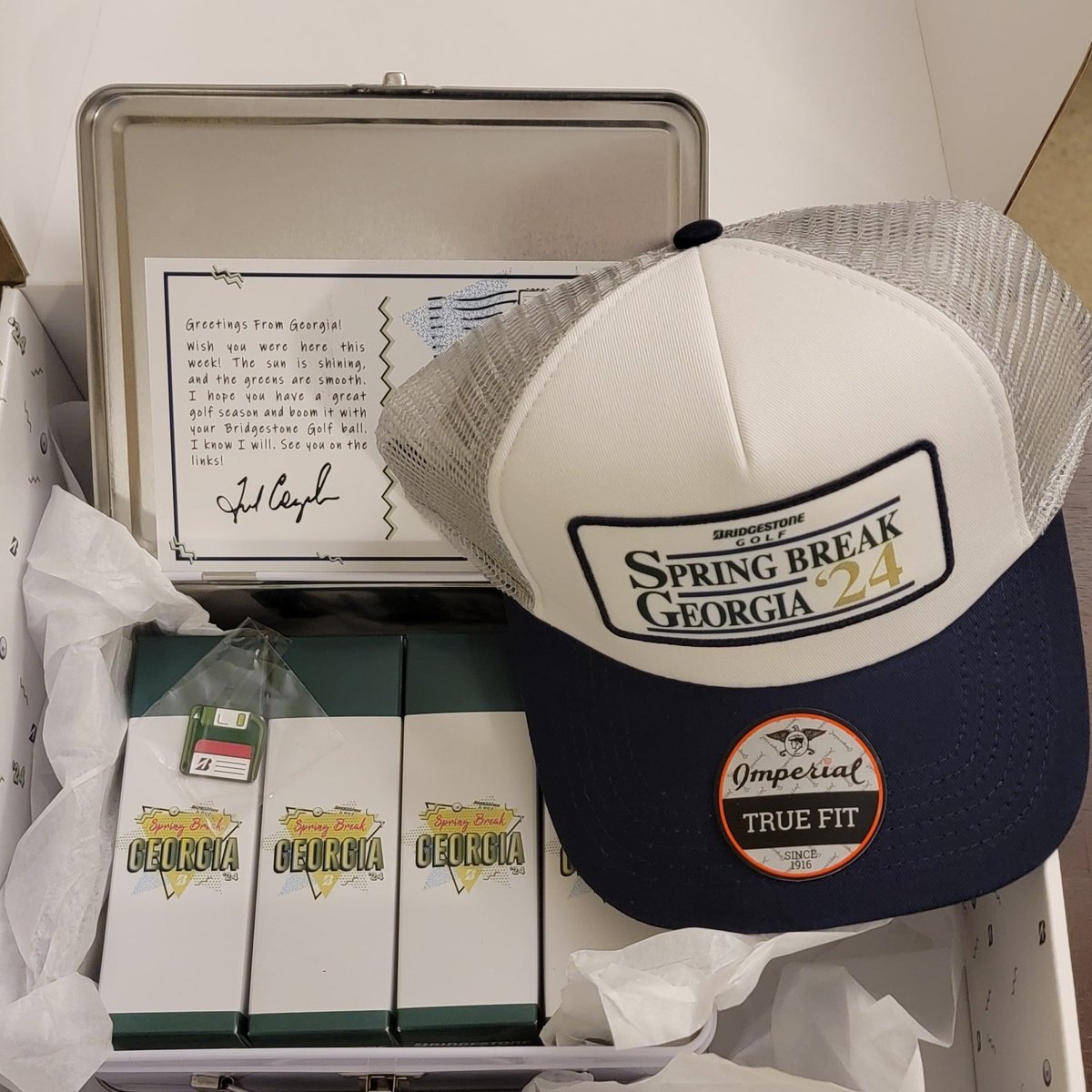 Giveaway! The Bridgestone Golf Spring Break Georgia '24 packs sold out, but I have one for you! Comes with a Fred Couples-autographed postcard, a dozen Bridgestone Tour B balls, a special tin &amp; an Imperial hat.

To enter: 
1. RT this
2. Follow @ryanballengee &amp; <a href="/bridgestonegolf/">Bridgestone Golf</a>