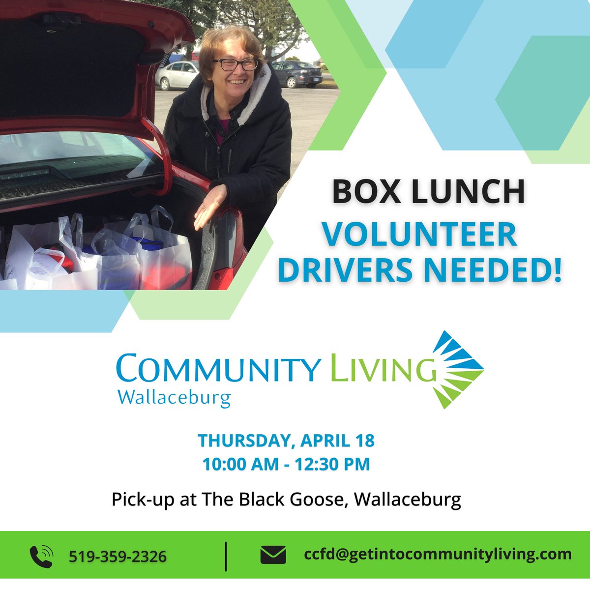 Community Living Wallaceburg is looking for volunteer drivers for their April 18th Box Lunch Fundraiser. Pick-up location is The Black Goose Grill in Wallaceburg and deliveries will be going out across Chatham-Kent and the surrounding areas.
Email ccfd@getintocommunityliving.com