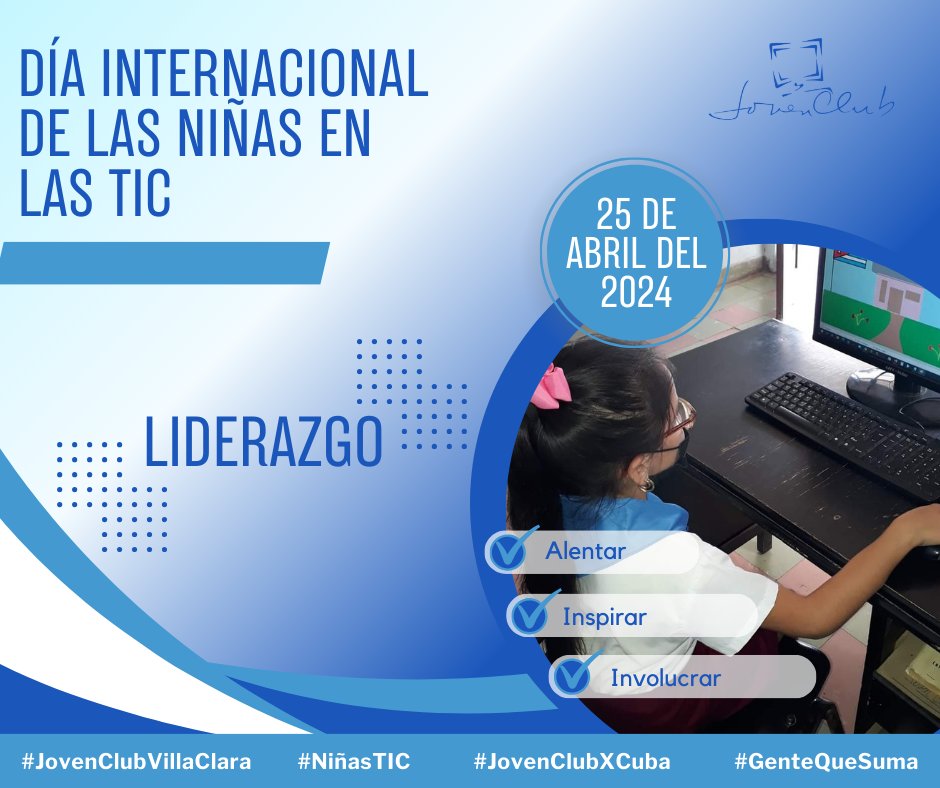 #Cuba 🇨🇺 se une a la celebración por #NiñasTIC impulsando el desarrollo de las tecnologías de la información y la comunicación a todos los sectores de la sociedad.
#GirlsinICT #JovenClubXCuba
#CubaPorLaTransformacionDigital
#GenteQueSuma