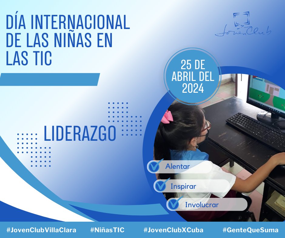 #Cuba 🇨🇺 se une a la celebración por #NiñasTIC impulsando el desarrollo de las tecnologías de la información y la comunicación a todos los sectores de la sociedad. #GirlsinICT #JovenClubXCuba #CubaPorLaTransformacionDigital #GenteQueSuma