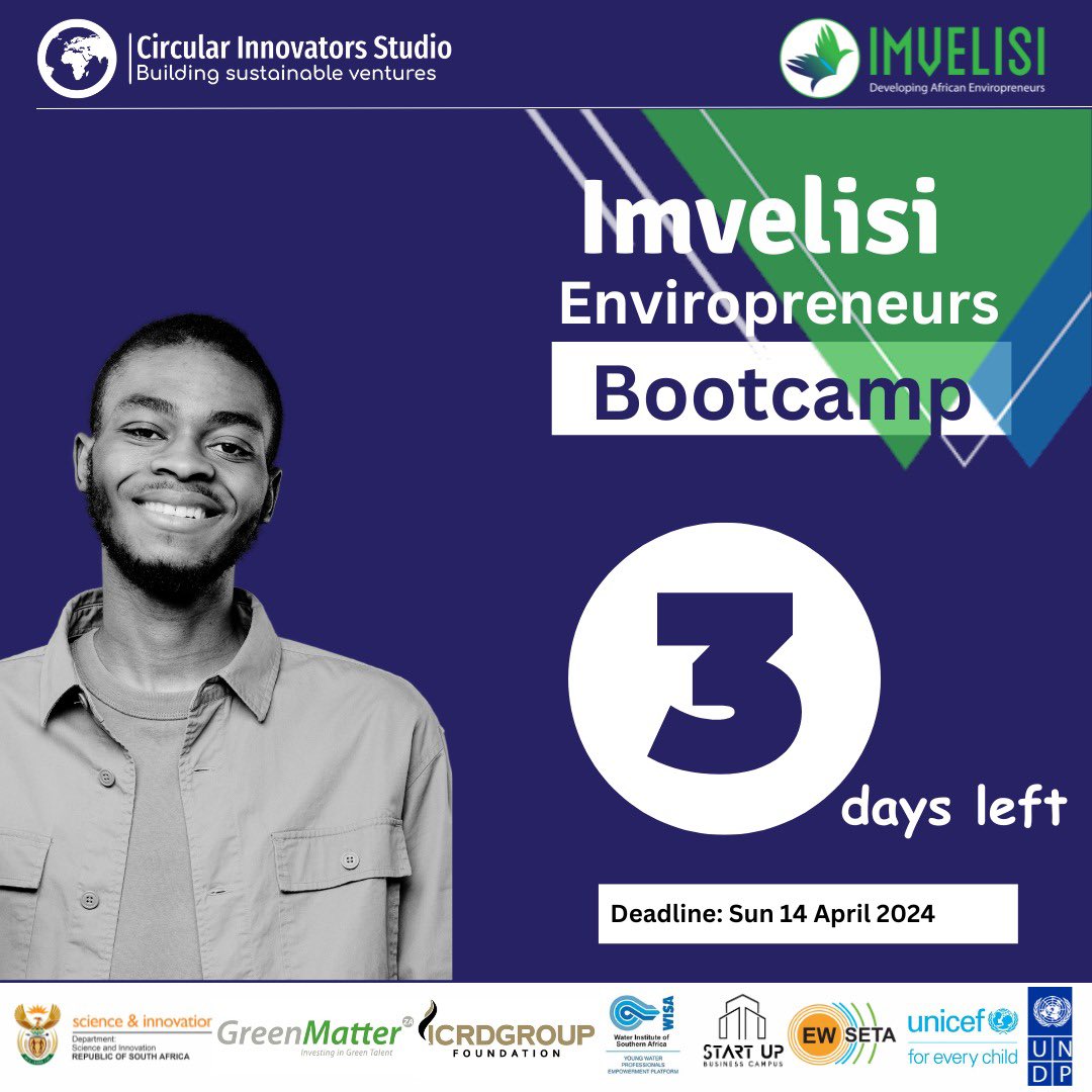 Three days left, and applications will be closed. 

🔗:  imvelisi.africa/applications/

Apply now 👆

#ImvelisiCEBootcamp #Imvelisi #GreenBusiness #Startups #Green