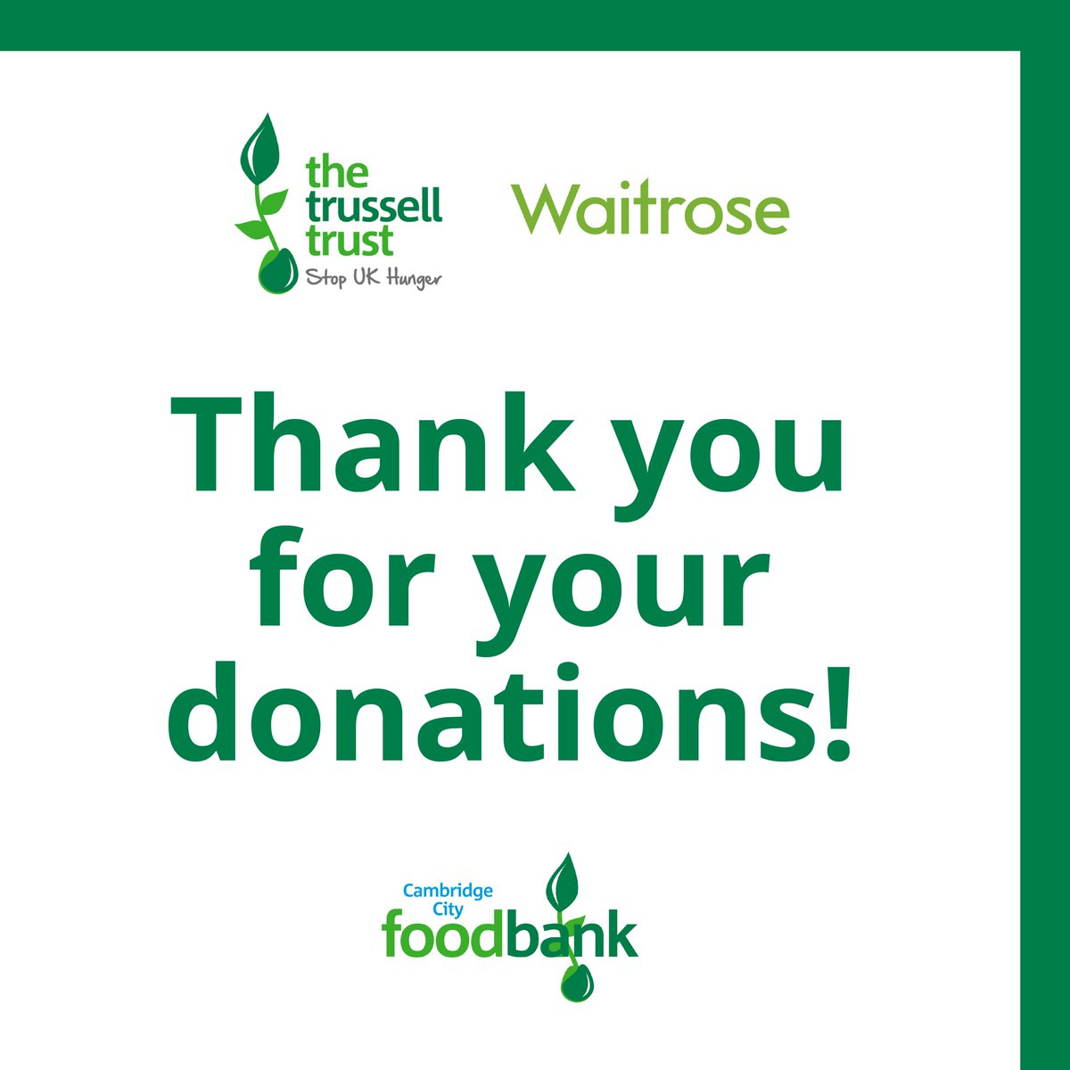 Every year starts with a downturn in donations. By organising collections, we’re able to bolster our supplies. Last month, we held a collection at @Waitrose, where we received a huge amount of donations. Thank you for your #donations.💚 To donate: cambridgecity.foodbank.org.uk/give-help/