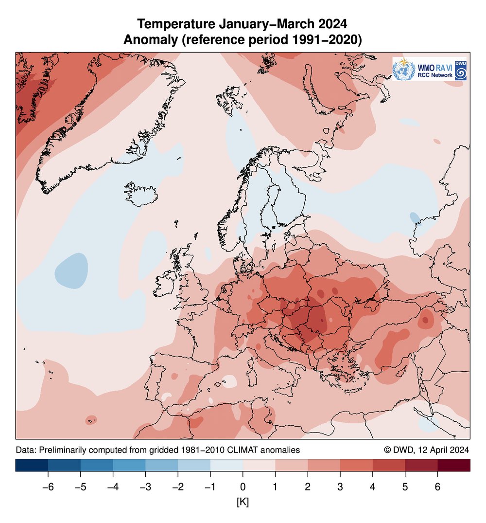 Meist sehr #warm war das erste #Quartal2024 in Europa: in #Südosteuropa bis zu 5 Grad wärmer als im Mittel 1991-2020
