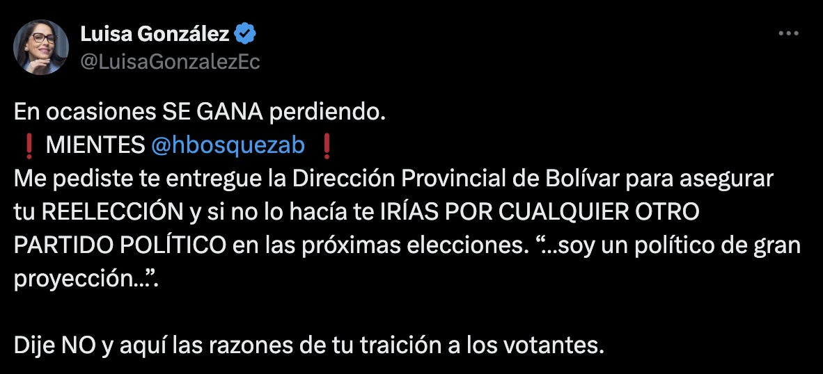 ‼️#URGENTE @LuisaGonzalezEc, presidenta de la @RC5Oficial, reacciona a la renuncia de Henry Bósquez a la bancada de la Revolución Ciudadana. “Me pediste que te entregue la Dirección Provincial de Bolívar para asegurar tu reelección y si no lo hacía te irías por cualquier otro…
