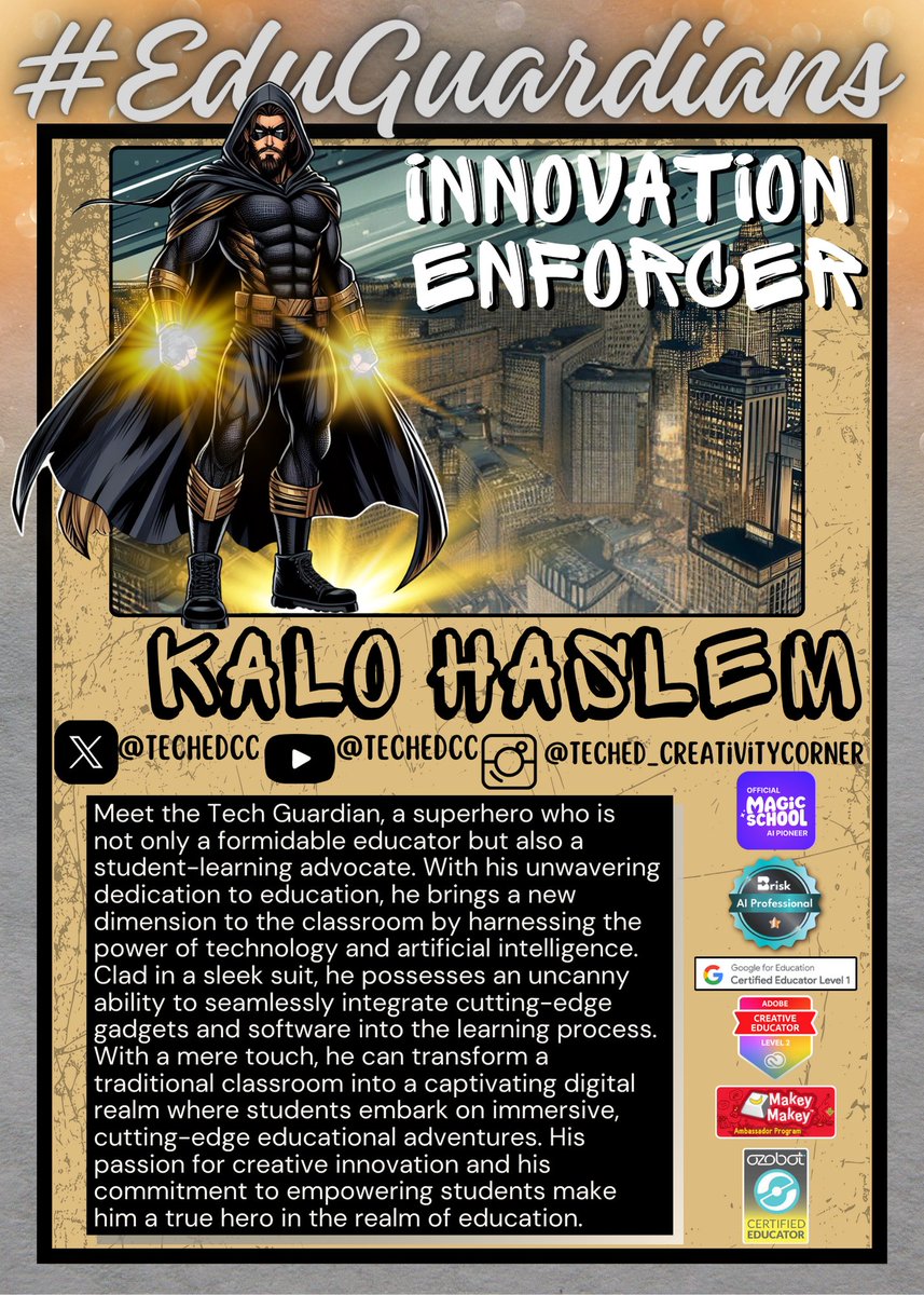 🦸‍♂️ Meet our first #FeaturedFriday #EduGuardian, Kalo Haslem! Aka the Innovation Enforcer 🚀! Creator of the EduGuardians logo, he's turning classrooms digital and championing creative innovation. Follow @TechEdCC for more insights & explore his resources: bit.ly/Creativity_Cor…