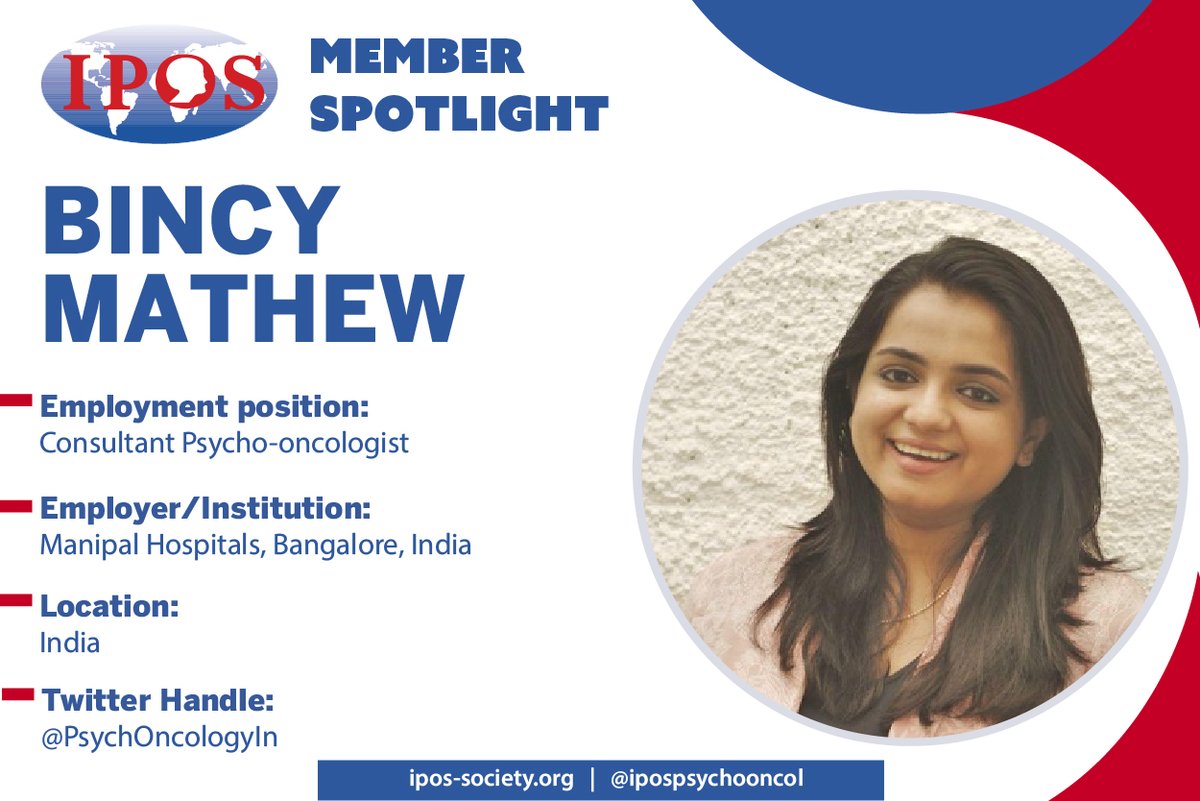 IPOS Member Profile: Bincy Mathew @PsychOncologyIn (#India) - consultant psycho-oncologist at Manipal Hospitals focused on addressing emotional issues, aiding in tobacco cessation, navigating grief & bereavement management. Read more ipos-society.org/member-profiles