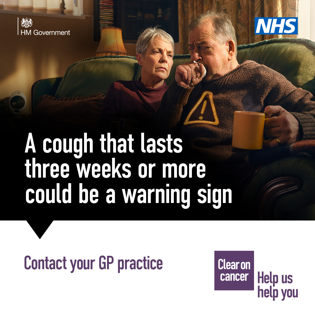 If you’ve had a cough for three weeks or more, it could be a sign of cancer, so make sure you contact your GP practice. Finding cancer early makes it more treatable and can save lives. nhs.uk/cancersymptoms