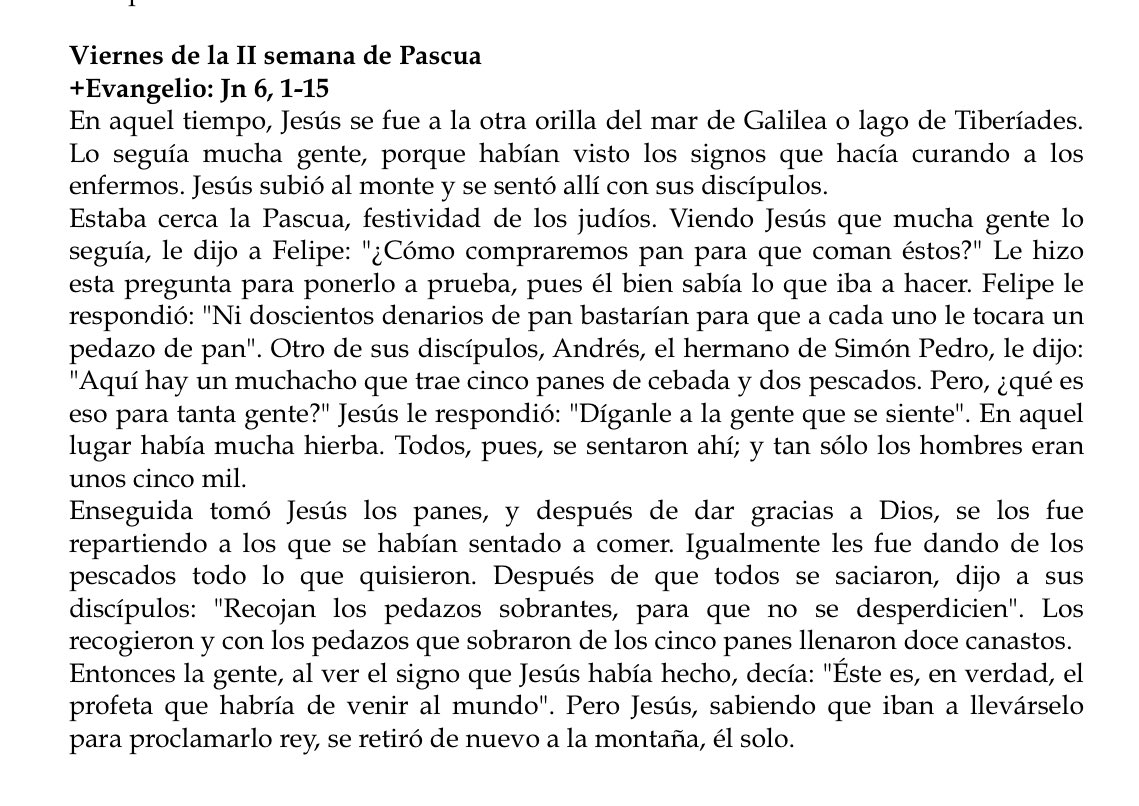 “Jesús subió al monte y se sentó allí con sus discípulos etc”. Es un escenario magistral, semejante a Mt 5,1: “Jesús subió a la montaña, se sentó, y sus discípulos se acercaron a él” El Señor nos va a enseñar cosas esenciales sobre el Reino a través de multiplicar los panes.