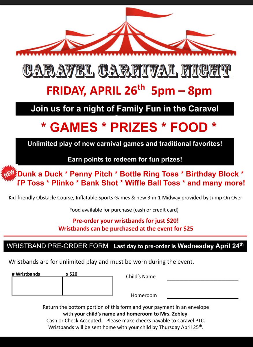 CaravelAcademy's tweet image. Join us on Friday, 4.26 for our annual Spring Carnival!  There are tons of games, prizes and food to enjoy.  See the details in the flyer for how to pre-order your wristbands and save $5 (last day to pre-order is April 24th). #caravelacademy #caravelcarnivalnight #caravelptc