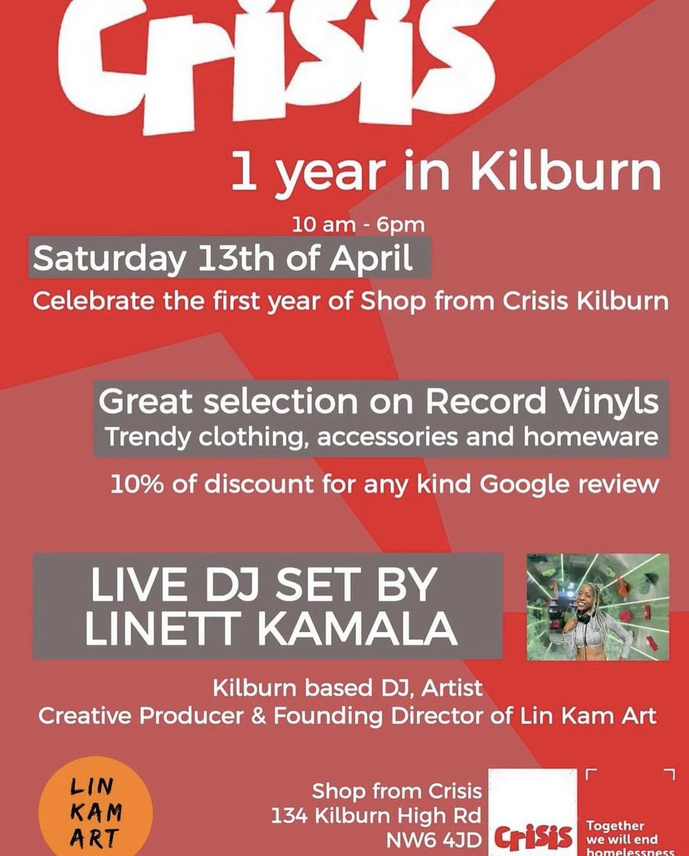 🚨CRATE DIGGERS ALERT‼️ Come along to @crisis_uk Kilburn Charity Shop Sat 13th Apr ‘24 for the all vinyl £2.50 special! @linett_kamala live DJ set 1-4pm Crisis Kilburn. 134 Kilburn High Road, NW6 4JD; 0207 372 9629; Opening hours: Mon to Sat 10.30am-6.30pm @lin_kam_art