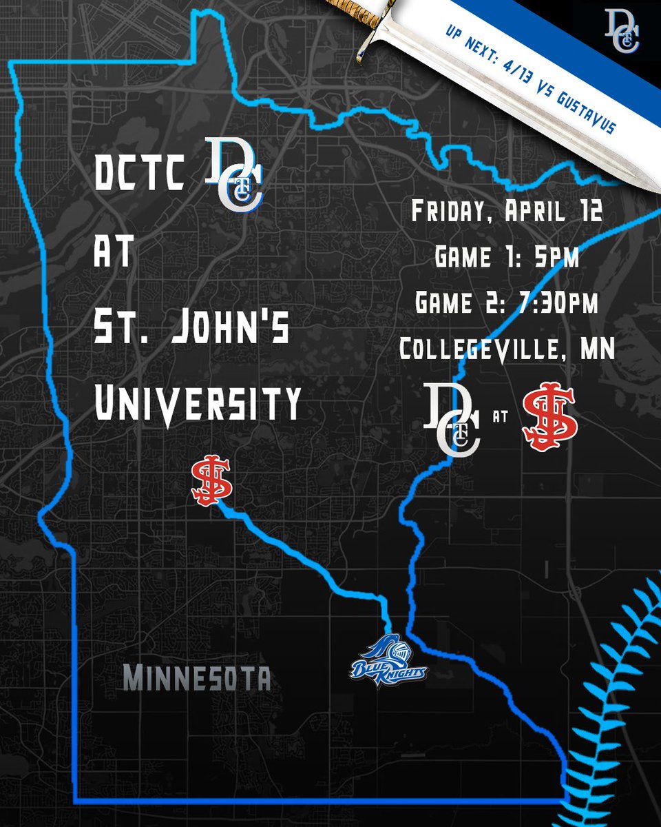 ⚔️DCTC GAMEDAY⚔️
- - -
April 12, 2024
- - -
⚔️DCTC at St. John’s University🔴
⏰Game 1: 5:00pm
⏰Game 2: 7:30pm
🏟️Haugen Field at Becker Park
📍Collegeville, MN
🎥 Youtube: dctcbaseball