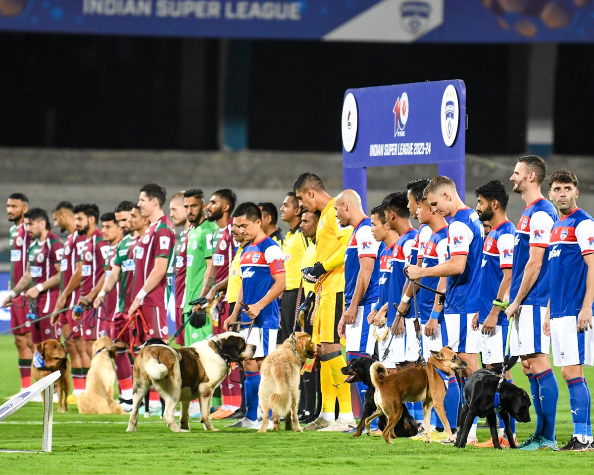 Pitch Paw-fect partnership 🐾😍 History was made at Kanteerava Stadium as @bengalurufc walked onto the field with rescued dogs from Second Chance Sanctuary. A touching moment highlighting the importance of pet adoption and fostering. 🤍💙 #BetterEveryDay
