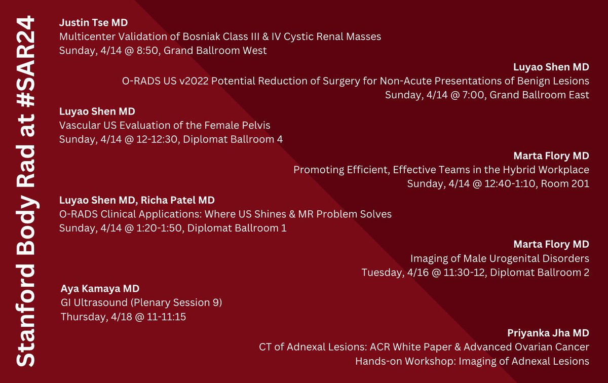 Stanford will be at #SAR24. We have some exciting things to share! See you soon! 🌴 @StanfordRad @ayakamaya @Luyaoshenmd @justintsemd @martafloryMDrad @RichaPatelMD @PriyankaJhaMD