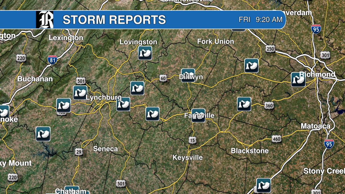 Storm reports from last night were mostly from downed trees. Several reports were concentrated in Henry and Pittsylvania Counties. Also a scattering of downed trees between Lynchburg and Richmond. Closest to RVA, there were a few trees down between Midlothian and Bon Air.