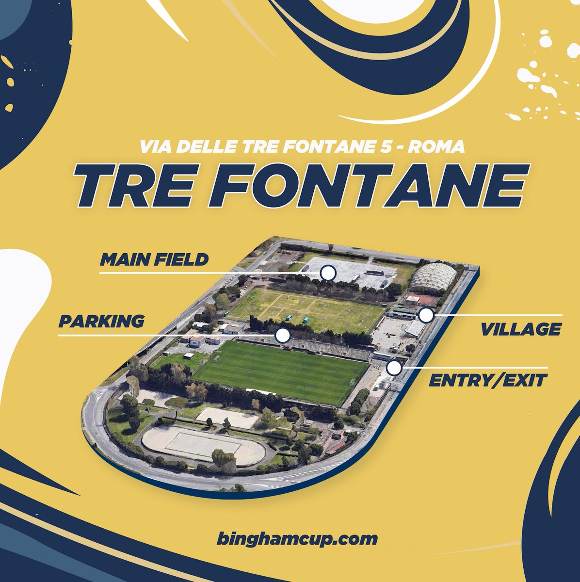 Discover Stadio Tre Fontane - Via delle Tre Fontane 5, Roma! With three pitches, parking, and 250-person capacity. It's a prime location for #BinghamCup2024 action. Accessible by public transport or our shuttle service. Don't miss out! 🌟