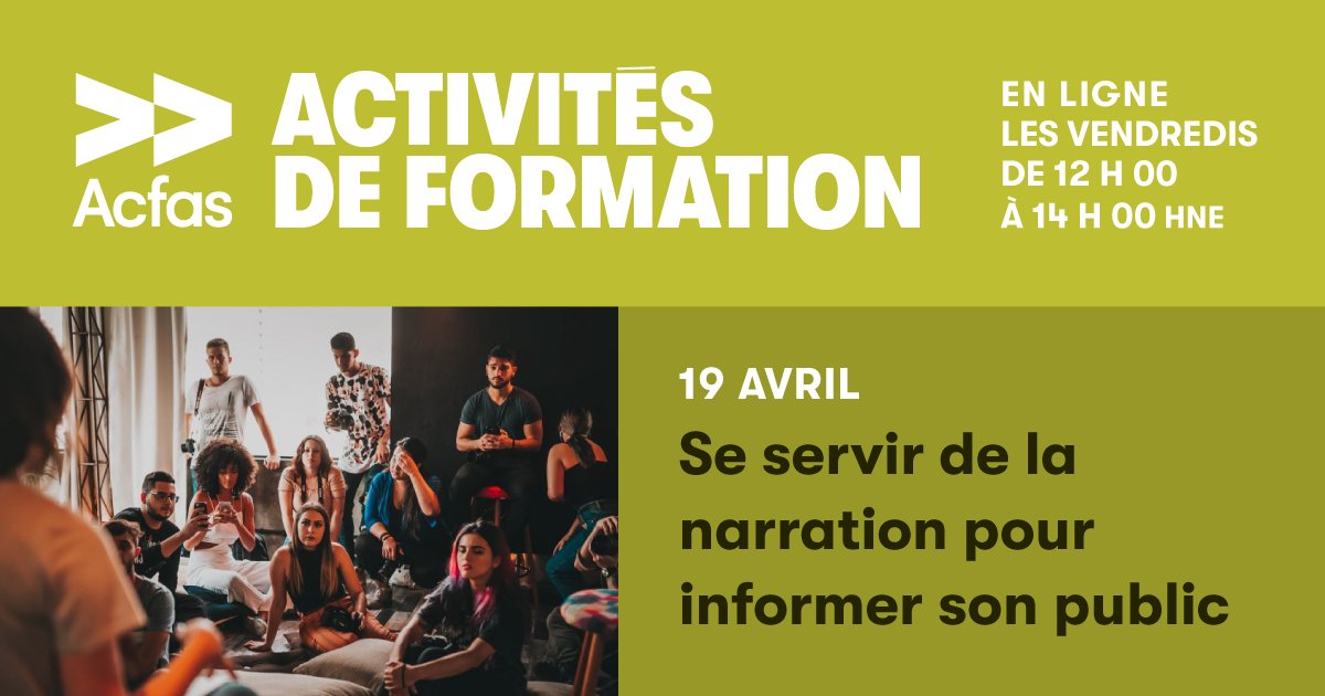 Vous souhaitez vous perfectionner dans l'art de construire des ponts entre les idées et les émotions, captivant ainsi votre public?🛎️ Participez à notre formation : 'Se servir de la narration pour informer son public'! Inscrivez-vous maintenant 👉acfas.ca/formations/se-…