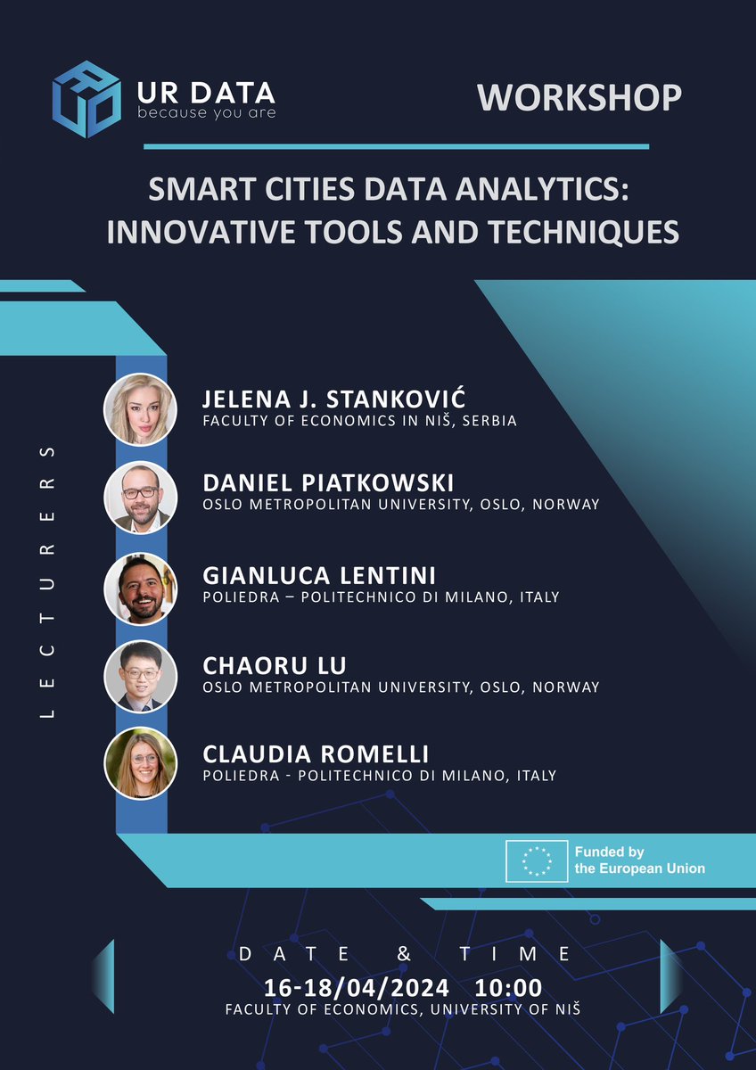 🌟 Save the Date! 🌟

Join us for the upcoming UR-DATA Workshop:

SMART CITIES DATA ANALYTICS: Innovative Tools and Techniques!

📅 Date: April 16-18th, 2024
📍 Location: online

🔗 Join us: lnkd.in/dBstwZnQ
🔑 Meeting ID: 812 8947 1446
🔒 Passcode: 442887

#urdataproject