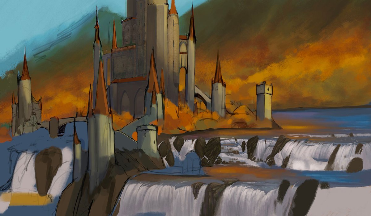 More progress on the landscape.  more work on the waterfalls as well as adding some photo texture to the castle.  Things are starting to come together

#environmentart #digitalart