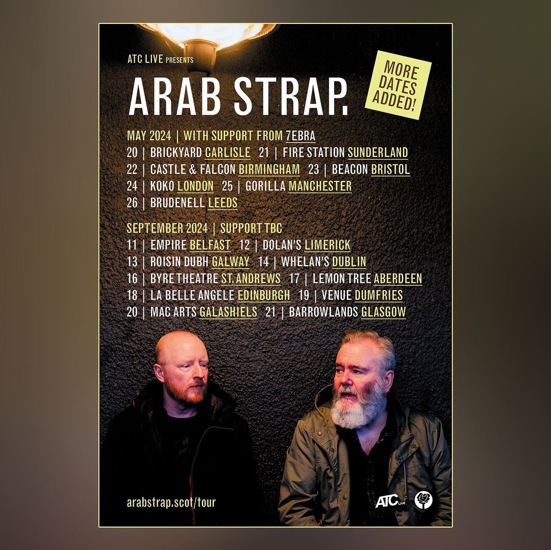 .@ArabStrapBand head out on tour across the UK and Ireland this year! Tickets and info for all shows available at arabstrap.scot/tour 🎟 The band's new album - I'm totally fine with it 👍 don't give a fuck anymore 👍 - is out 10 May on LP, CD and digital ✨
