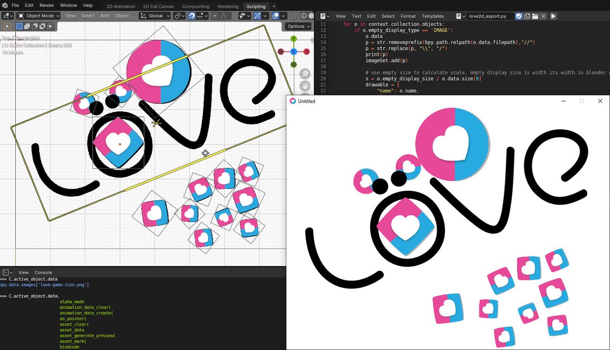 Started a Blender 2D to Löve2D exporter. It currently only supports empties displayed as images, and outputs a messy Lua file. But it works!
#love2d #blender #b3d #gamedev

github.com/simonbroggi/Bl…