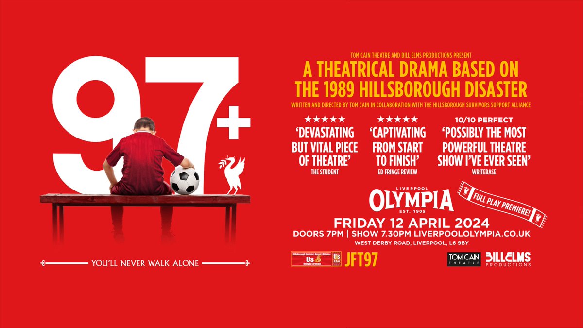 Will you be seeing 97+ #tonight at @LpoolOlympia? Written by Tom Cain while he was still a student at @edgehill, the powerful play explores the ongoing impact of the Hillsborough disaster. One night only - read more here: tinyurl.com/3yzdhxse