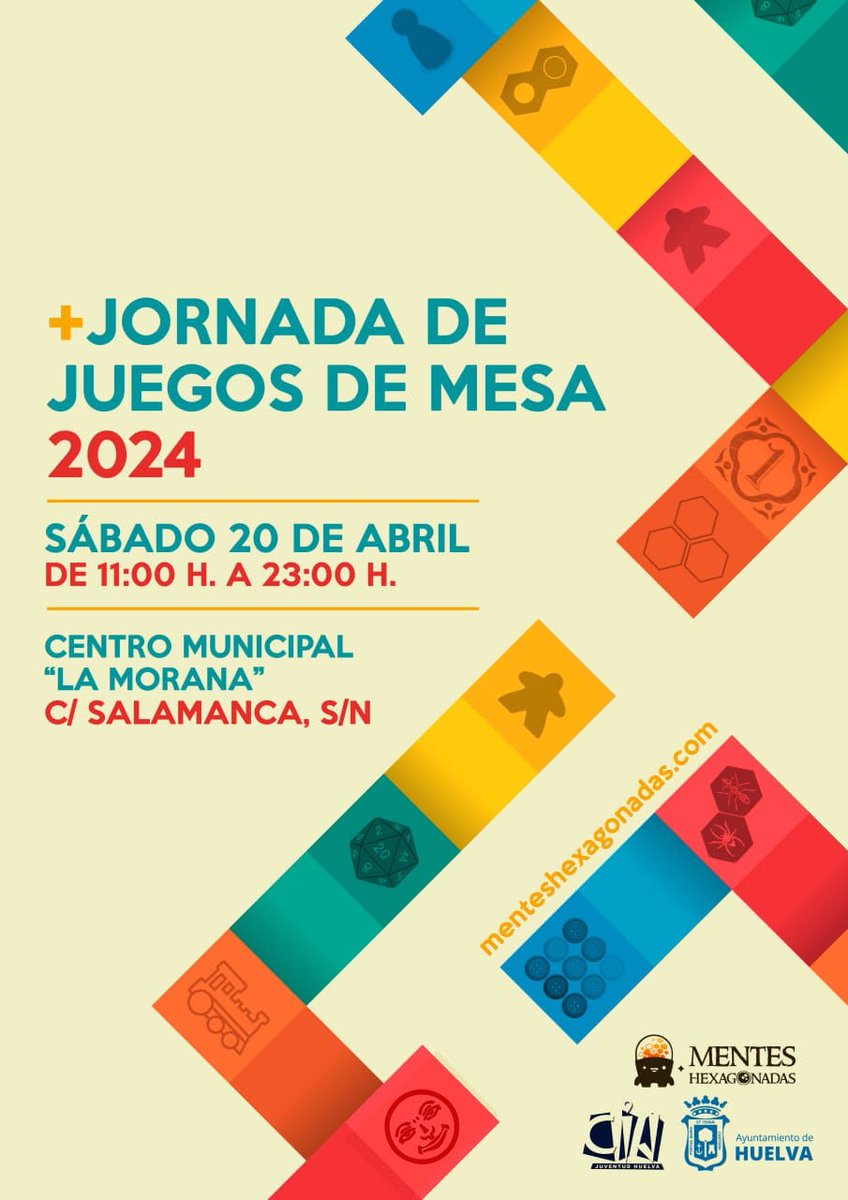 📣 Vuelven a Huelva las Jornadas de #JuegosDeMesa de #MentesHexagonadas. Saca lápiz y papel y apuntad:

📍Lugar: Centro Municipal "La Morana". C/ Salamanca s/n
📆 Sábado, 20/04/2024
🕥 Horario continuado de 11:00 a 23:00 horas.

#HuelvaJuega 🎲