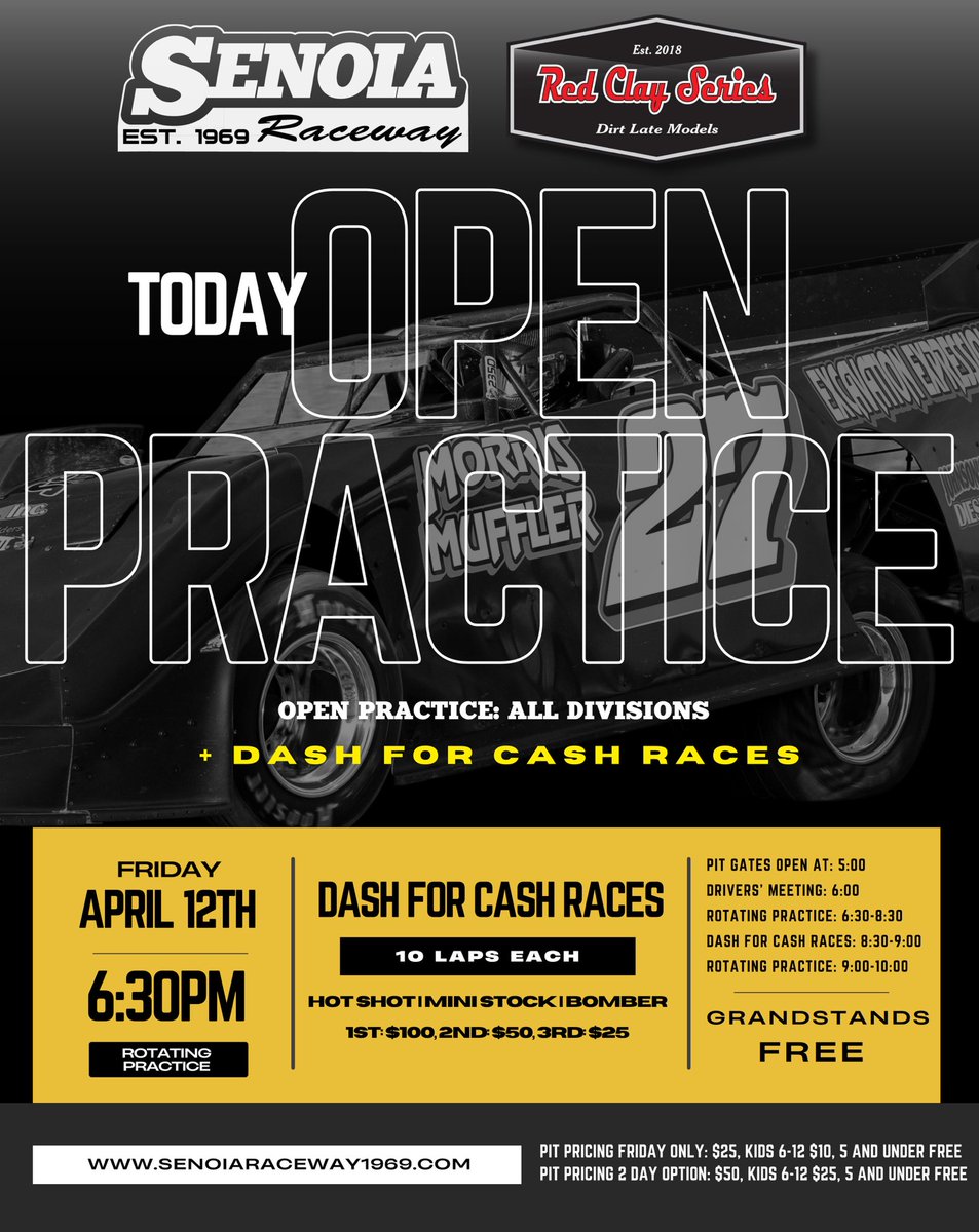TONIGHT | FRIDAY April 12th: Open Practice/Dash For Cash Races  Grandstand Pricing: FREE on Friday Pit Pricing: Friday Only:  $25, Kids 6-12 $10, 5 and under FREE  Pit Pricing: 2 Day Option: $50, Kids 6-12 $25, 5 and under FREE