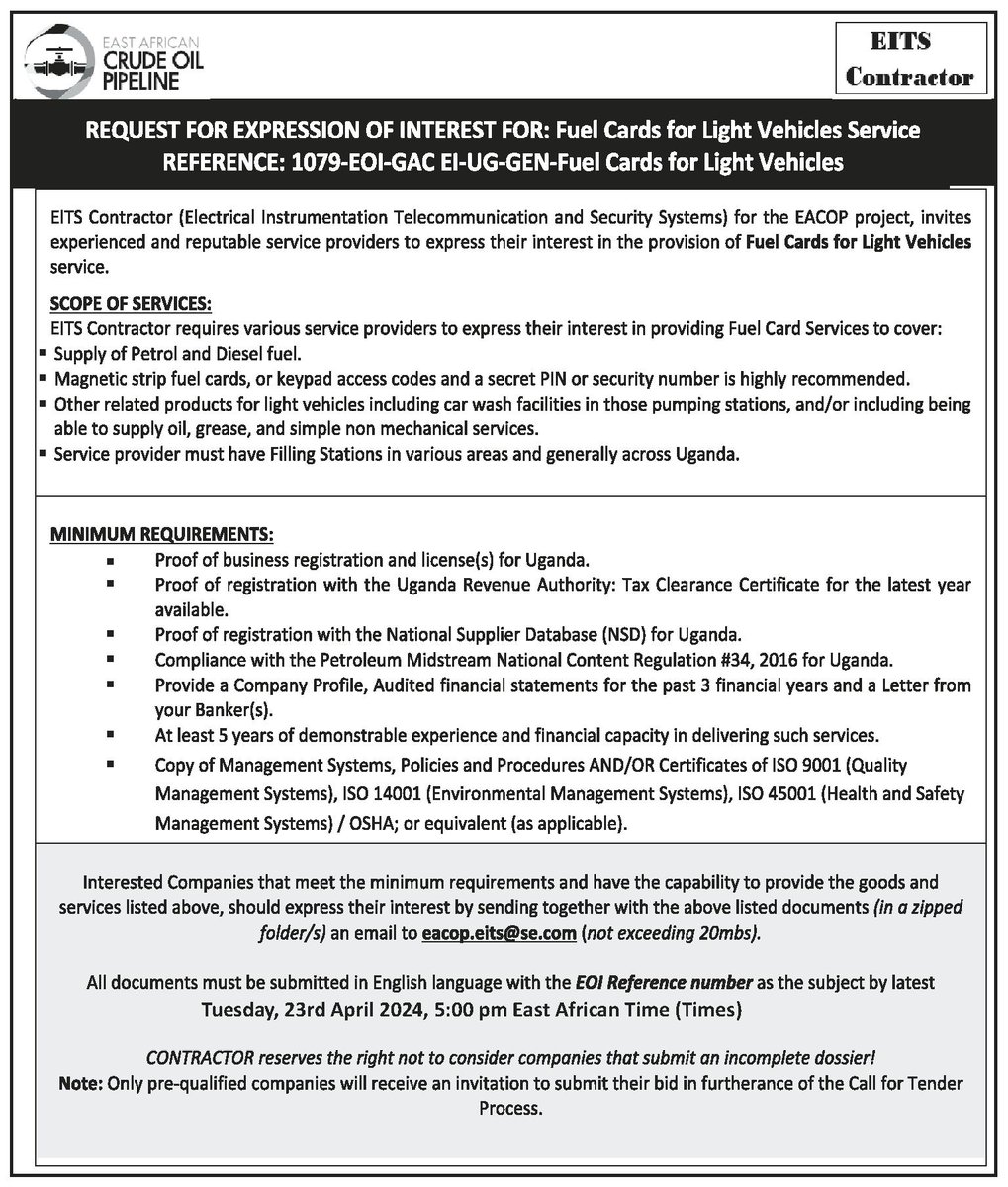 Request for Expression of Interest for provision of; ✅Technical Assistance Services for Electrical Hookup Testing Commissioning Activities ✅Electrical Commissioning Tools & Equipment -Purchase and Leasing ✅Fuel Cards for Light Vehicles Details: eacop.com/opportunities-…