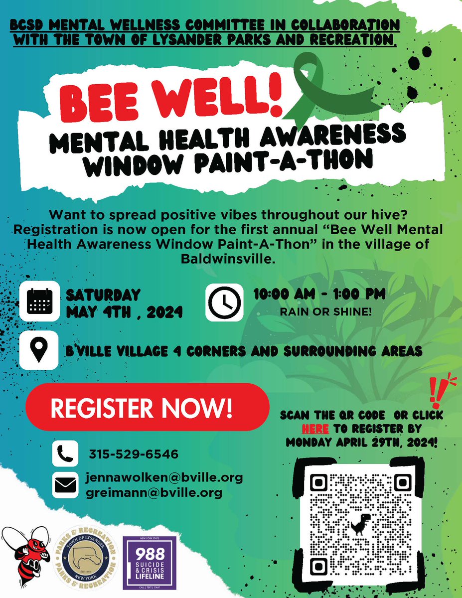 For Mental Health Awareness Month in May, our Mental Wellness Committee is teaming up with the Town of Lysander Parks and Recreation to hold the “Bee Well Mental Health Awareness Window Paint-A-Thon.' We are looking for painters. Interested? Register: docs.google.com/forms/d/1VKqSb…