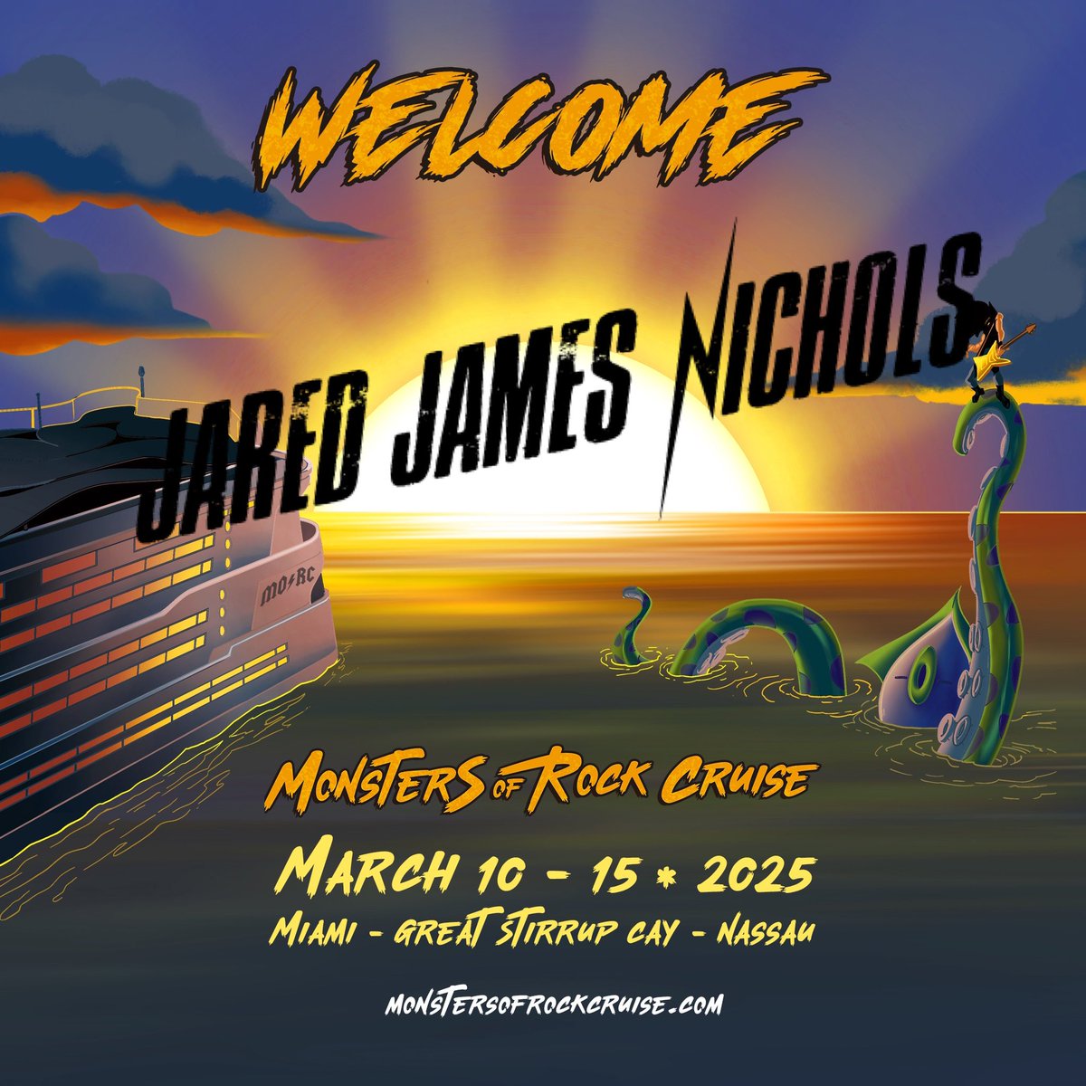 MonstersCruise's tweet photo. ๐ฅ Guitars will blaze ๐ฅ
Please welcome the long awaited return of Jared James Nichols!๐ณ๏ธ๐ดโโ ๏ธ๐ถ
https://t.co/VAbJEbOsLv
#morc2025 #jaredjamesnichols #mastersofshred
#monstersofrockcruise https://t.co/8s16RG9nNy