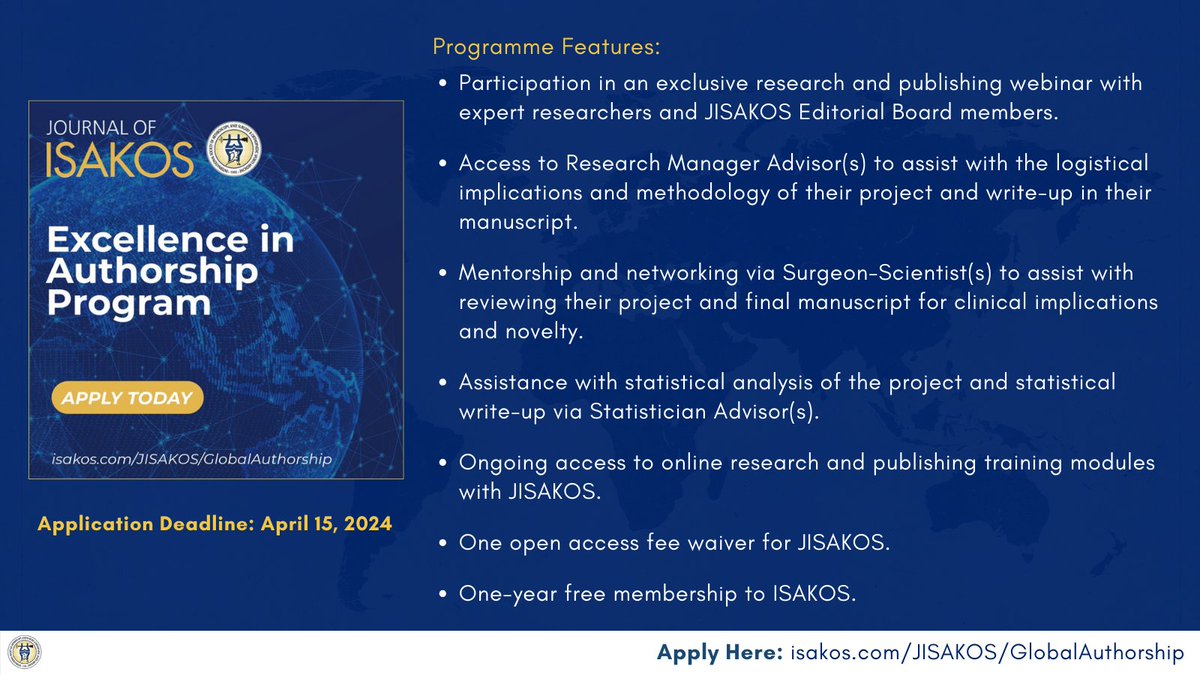 🚨REMINDER: The deadline to apply for our Excellence in Authorship Program is almost here! 🗓️Application Deadline: Monday, April 15, 2024 🏆10 premier author awards available! 🔗Don't miss your chance to apply: isakos.com/JISAKOS/Global…