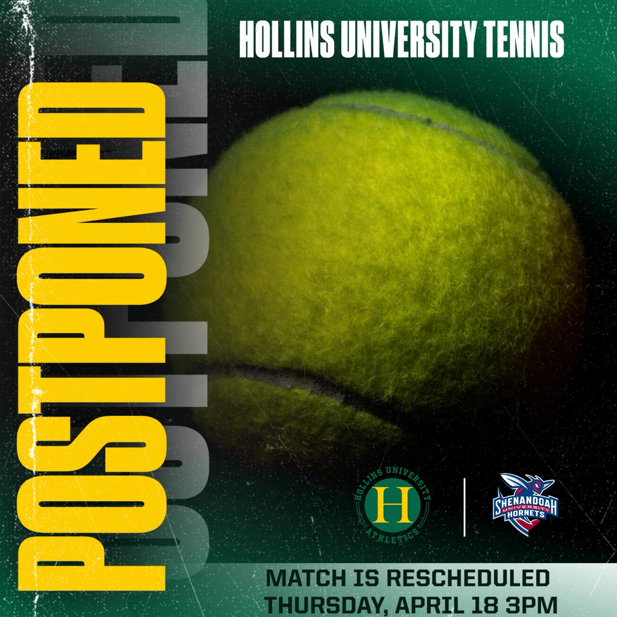 Today's tennis match at Shenandoah has been postponed due to weather. The match is rescheduled for next Thursday, April 18.