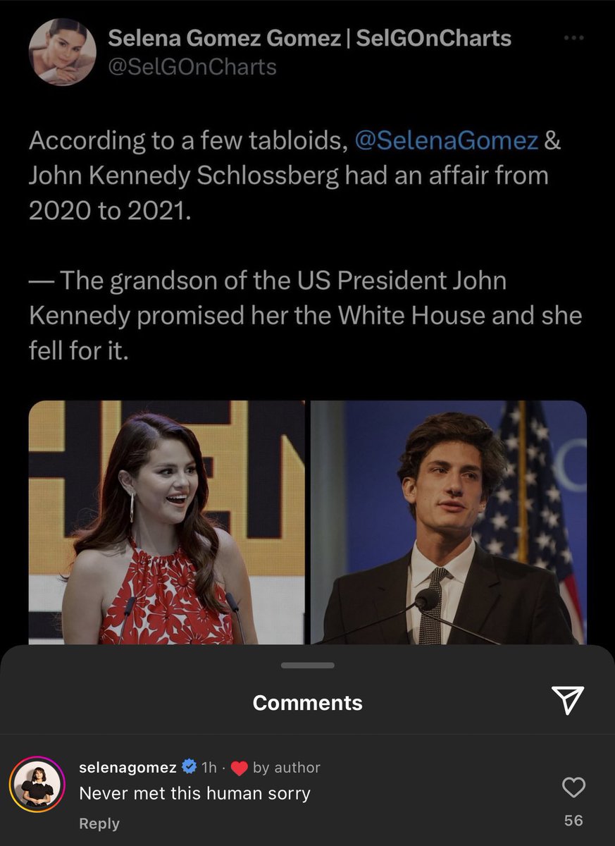 Selena Gomez niega haber tenido una relación con el nieto de John F. Kennedy, Jack Schlossberg, en 2020/2021. “Nunca he conocido a este ser humano, lo siento”.