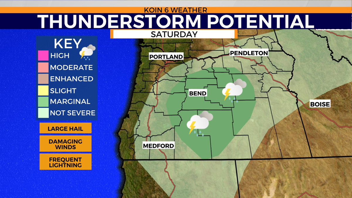 Heads up, hikers! Thunderstorms will develop across central & eastern Oregon by Saturday afternoon & evening. Be ready for heavy downpours, hail, strong winds, and frequent lightning. The best spots to hike may be at the coast this weekend! ⛈️🌲 #orwx @KOINNews