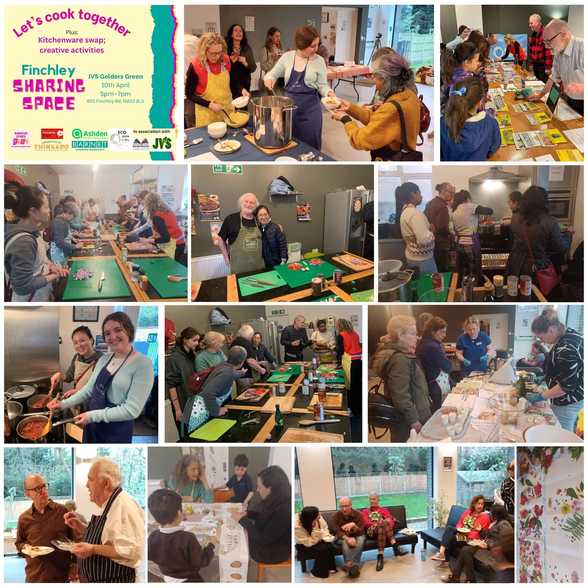 Our first 'Let's Cook Together' event at JVS, Finchley Sharing Space. Cooking vegan food, learning about waste reduction, decorating using food-waste and swapping 2nd-hand kitchenware. Thank you @Ashden_org @ThinkDoCamden @BarnetCouncil Kusuma Trust. 👉ecoshowandtell.org/events