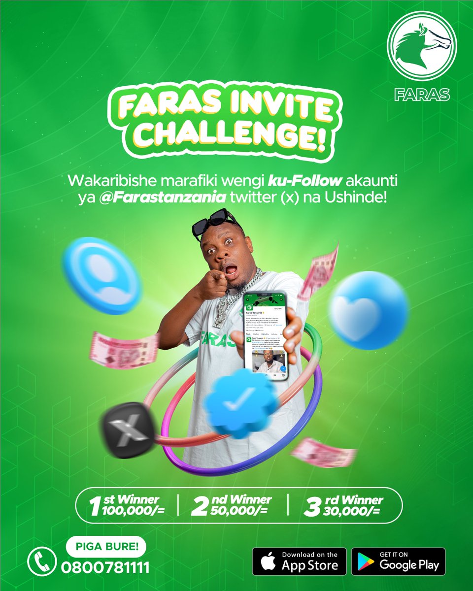 farastanzania's tweet photo. FARAS TWITTER (X) INVITE CHALLENGE!🤑
Washawishi marafiki wa-follow akaunti ya @farastanzania na uweze kujishindia hadi 100,000/=

JINSI YA KUSHINDA
1. Watumie marafiki akaunti ya @farastanzania kisha wai-follow.

2. Rafiki uliemtumia andike kwenye comment kwenye post hii na Kutag jina lako. Mfano: Nimekaribishwa na @officialbabalevo

3. Akaunti itayotajwa zaidi kwenye comment ndio itakayokuwa mshindi!

VIGEZO:
1. Marafiki utaowakaribisha wawe wapya na sio ambao tayari wamekwisha follow page ya @farastanzania

2: Marafiki utaowakaribisha ni lazima wakutaje kwa kuandika username yako kwenye comment.

Mwisho wa shindano hili ni Tarehe: 30/04/2024